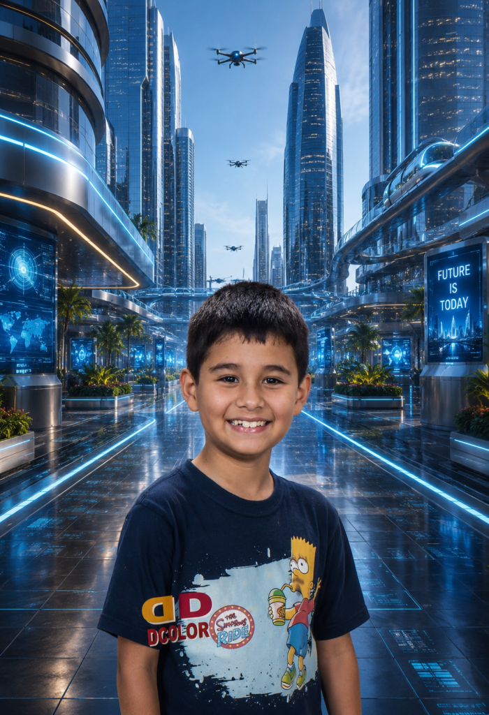 futuristic city with a joyful child